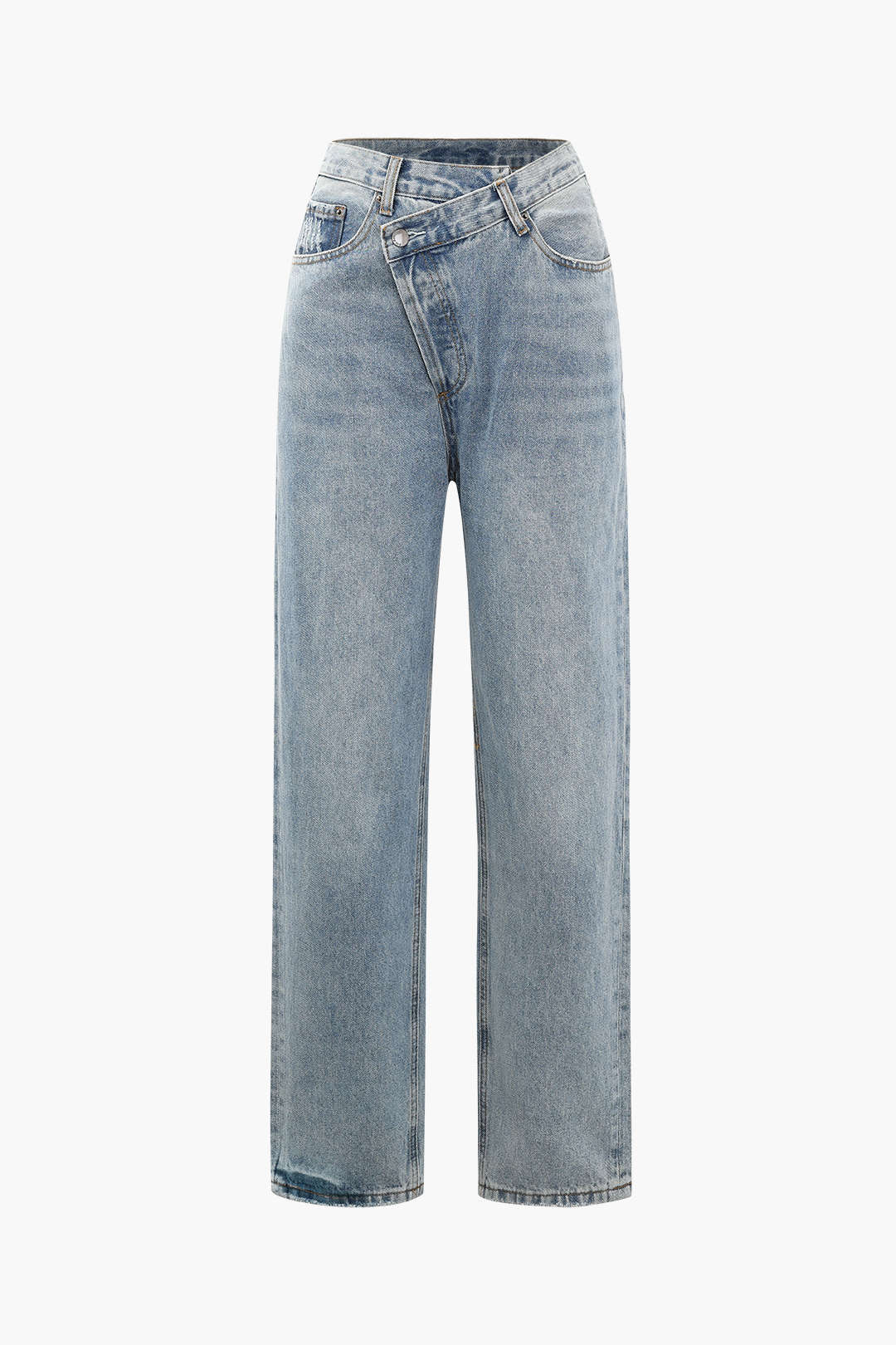 Dames Hoge Taille Jeans met Schuin Tailleband – Straight Leg Light Wash Denim