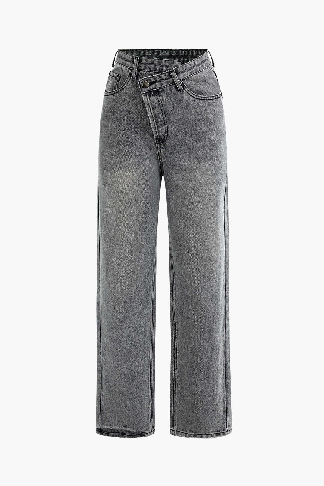 Dames Hoge Taille Jeans met Schuin Tailleband – Straight Leg Light Wash Denim