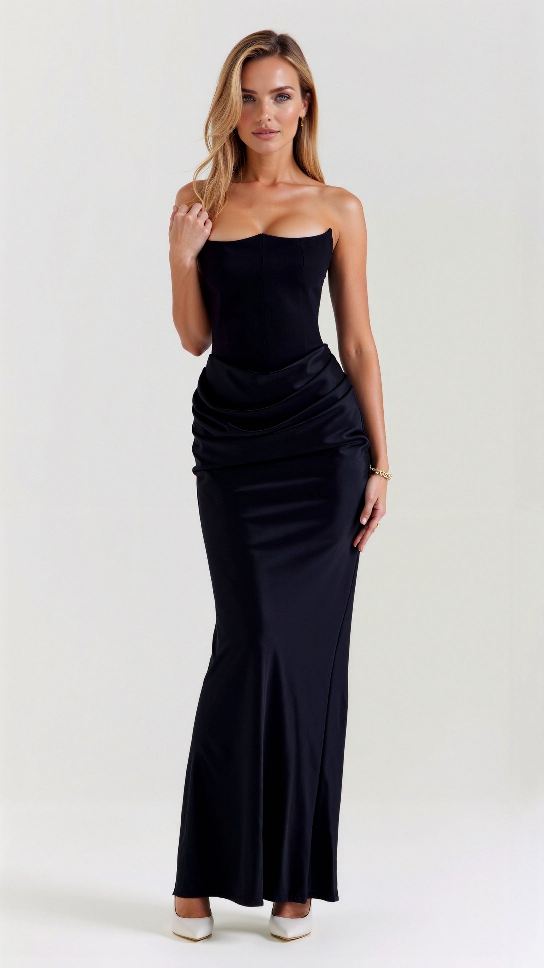 Dames Satijnen Strapless Corset Maxi Jurk - Strak Silhouet