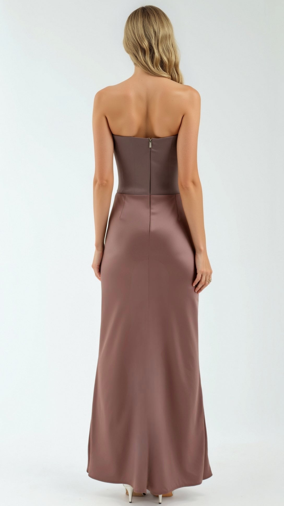 Dames Satijnen Strapless Corset Maxi Jurk - Strak Silhouet