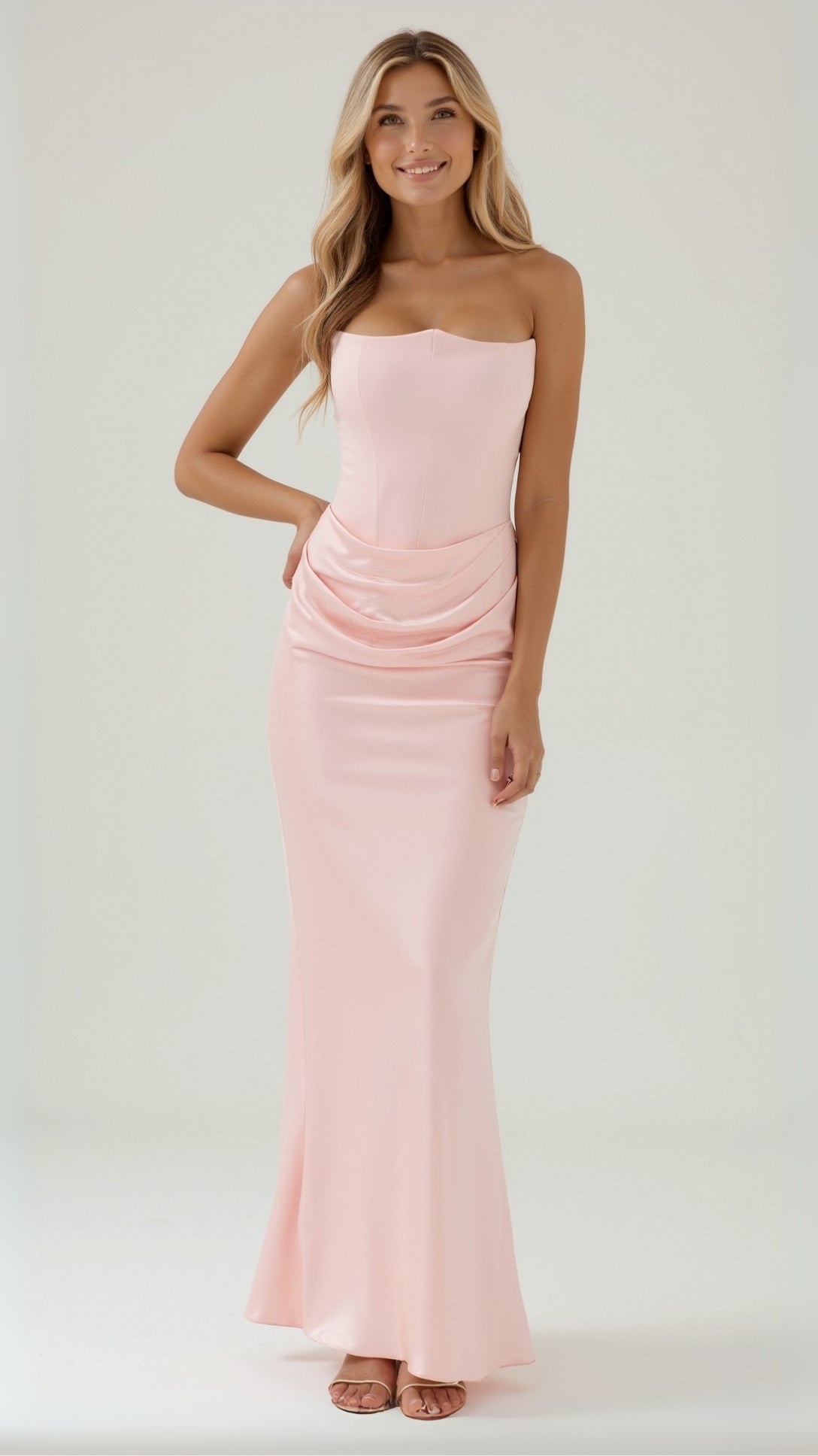 Dames Satijnen Strapless Corset Maxi Jurk - Strak Silhouet