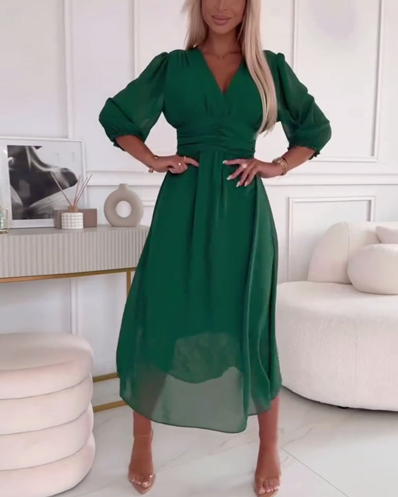 Dames V-hals midi jurk – Getailleerd model – Comfortabel en stijlvol