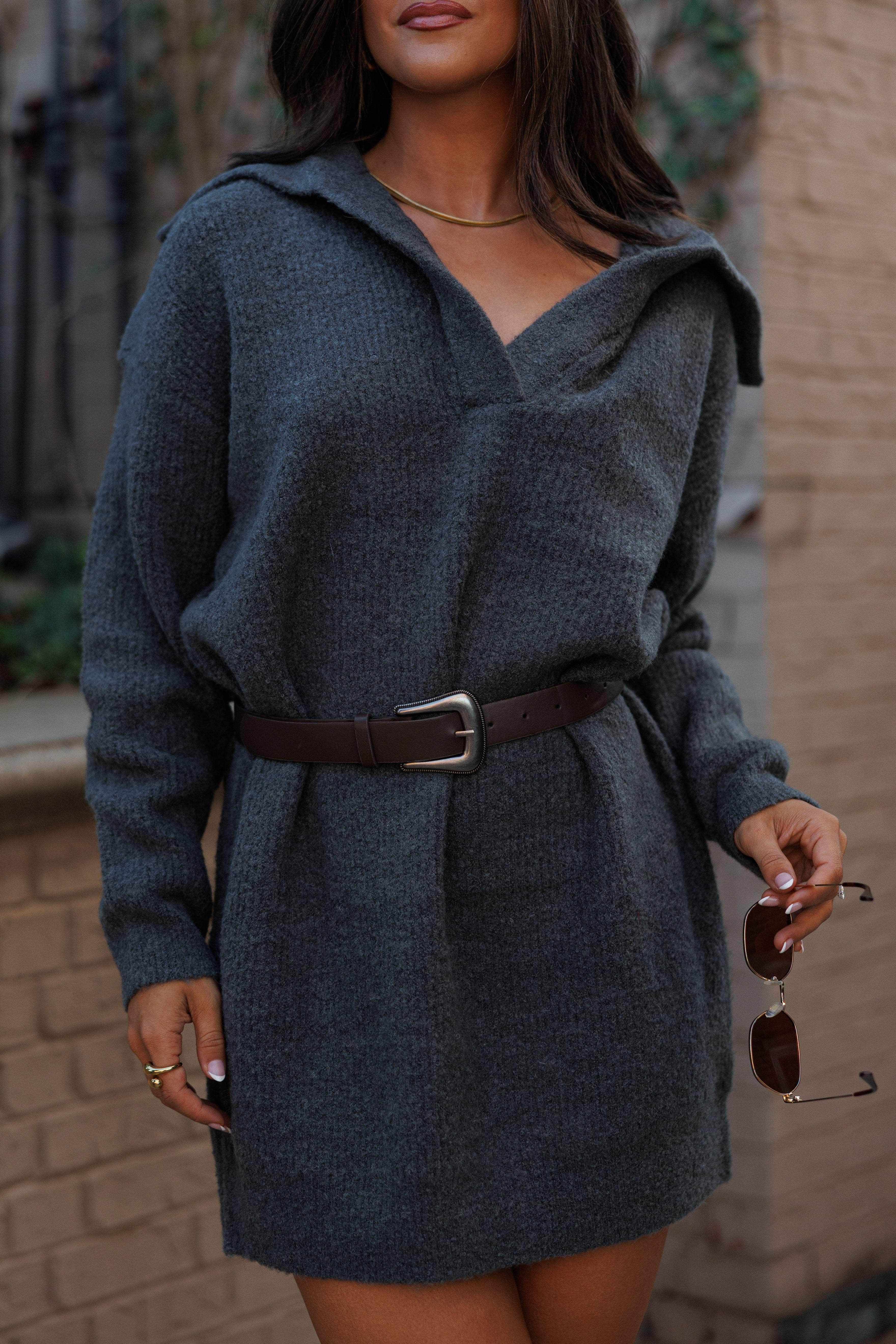 Dames Oversized Gebreide Sweaterjurk met Split V-Hals en Kraag